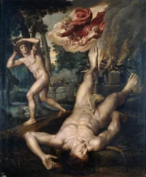 La mort de Abel - Abelin kuolema - Peinture de Michiel Coxcie (Coxie, Coxien, De Coxien, De Coxcie, Coxius, Van Coxcie) (1499-1592), vuoden 1539 jälkeen - Öljy puulle