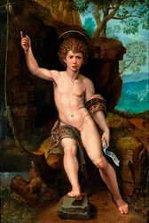 ""Pyhän Johannes Kastajan esitys"" (Pyhä Johannes Kastaja) Michael Coxcien (Michiel Coxien) maalaus (De Coxien, De Coxcie, Coxius, Van Coxcie ja Coxie) (1499-1592) 1500-luku Öljy puulle Koko 104x73 cm Yksityinen kokoelma