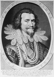Willem Jacobszin kaivertama George Villiersin, Buckinghamin ensimmäisen herttuan (1592-1628) muotokuva. Delff (1580-1638) 1626 (kaiverrus) (bw valokuva)