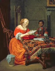 Nainen lukemassa kirjettä mustan palvelijan läsnä ollessa, 1670