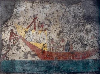 Egyptiläinen antiikki: "" Egyptin sotilasalus"" Fresko haudasta. 2000 eaa. Torino, Museo Egizio