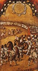 Meksikon valloitus, paneeli IX, n. 1696-1715 (maali puulle)