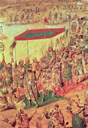 Montezuman tervetuloa (1466-1520) yksityiskohta maalauksesta, joka kuvaa Hernando Cortesin (1485-1547) Meksikon valloitusta 1698