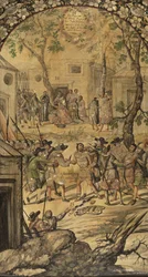Hernan Cortes par Gonzalezin, Miguelin ja Juanin Meksikon valloitus (aktiivinen 1600-luvun loppu). Öljy puulle, koko: 97x53