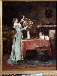 ""La kompozicion du bouquet"" (Kimpun säveltäminen) Keskiluokkainen (unkarilainen?) nainen valmistelee kukkakimpun, tyttärensä katsomassa häntä. Mihaly Munkacsyn (1844-1900) maalaus noin 1880 Pushkin-museo, Moskova