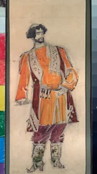 Miesten valmistava puku Nikolai (Nikolai) Rimski Korsakovin (Rimski-Korsakovin) (1844-1908) oopperaan "Tsaarin morsian" (N Rimski Korsakovin (Rimski) pukusuunnittelu oopperaan Tsaarin morsian ). -Korsakov) - Mihail Aleksanterin työ