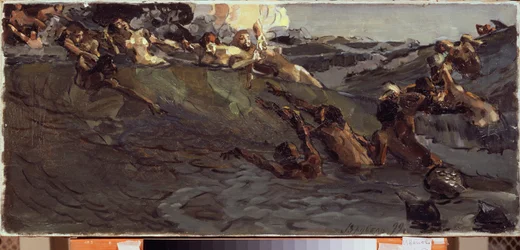 Naiadien ja tritonien soittaminen - Mihail Aleksandrovitš Vrubelin (Vrubel) maalaus (1856-1910), öljy kankaalle