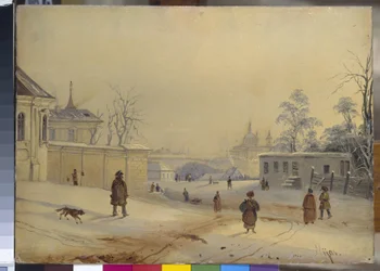 Vladimirin kukkula Kiovassa (Vladimir Hill (Vladimirskaya Gorka) Kiovassa). Maisema lumen alla. Mihail Makarovich Sazhinin (1818-1887) työ, öljy pahville. 1800-luvun venäläinen taide. Venäjän valtionmuseo, Pietari