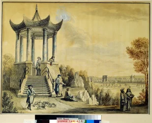 Grand Caprice -paviljonki Katariina-puistossa Tsarkoye Selossa. Mihail Matvejevitš Ivanovin (1758-1823) teos, akvarelli ja liitu paperille, 1700-luvun loppu. 1700-luvun venäläinen taide. Ins