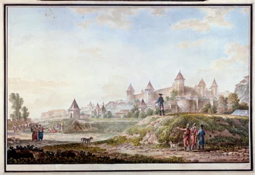 Näkymä Tighinan linnoituksesta Benderyssä Moldaviassa - Mihail Matveevich Ivanovin (1758-1823) akvarelli paperille