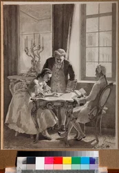 ""Keisarinna Katariina II:n (1729-1796) venäjän kielen oppitunti" (Keisarinna Katariina II:n venäjän kielen oppitunti) Mikhail Klodtin (1835-1914) kynä- ja mustepiirustus