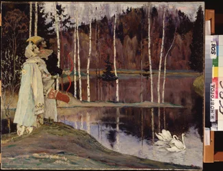 Dual Harmony. Puku- ja teatterimeikkipariskunta katselee taivasta lähellä järveä, jolla pari joutsenta ui rauhallisesti. Mihail Vasilyevich Nesterovin (1862-1942) maalaus öljy kankaalle