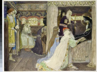 Suurruhtinas Aleksanteri Nevskin (1220-1263) kuolema. (Suurruhtinas Aleksanteri Nevskin kuolema). Mihail Vasilyevich Nesterovin (1862-1942) työ, akvarelli ja guassi paperille