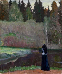""Le chant du rossignol"" (Satakieli laulaa) Nunna linnunlaulua kuuntelemassa - Mihail Vasilyevich Nesterovin (1862-1942) maalaus 1918 Koko 81x68,5 cm Yksityinen kokoelma