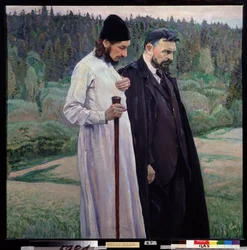 Filosofit. Sergei Boulgakov (1871-1944) ja Pavel (Paul) Florensky (1882-1943). (Filosofit. Sergei Bulgakov ja Pavel Florensky). Mihail Vasilyevich Nesterovin (1862-1942) maalaus öljy kankaalle