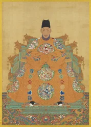 Ming-dynastian keisari Wu-tsungin muotokuva (riippukäärö, muste ja värit silkille)