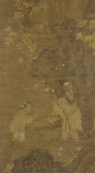 Kaksi poikaa leikkimässä leijonanukon kanssa, 1400-1500-luku