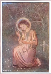 Hän polvistui kasteiselle ruoholle (väri litho)