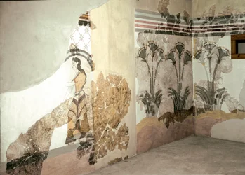 Minolainen taide: "Nainen ja liljat". Fresko Akrotirista Santorinilta. 1500-luku eaa. Ateena, kansallinen arkeologinen museo