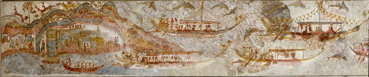 Minoan Art: "" meriretkikunta"" Fresko Akrotirista Santorinille. 1500-luvulla eaa. Athenes, kansallinen arkeologinen museo