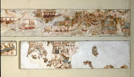 Minolainen taide: ”Laivastoretki”. Fresko Santorínin Akrotirista. 16. vuosisata eKr. Kansallinen arkeologinen museo, Ateena
