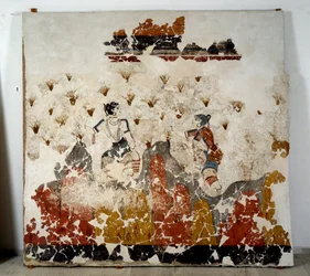 Minolainen sivilisaatio: naiset poimivat sahramia. Fresko Xeste 3:n lustraalialtaalta Akrotirissa (Thera), Santorinissa. Himmeä. 244x266 cm 1500-luku eKr. Santorini, Akrotiri a Theran freskojen kokoelma