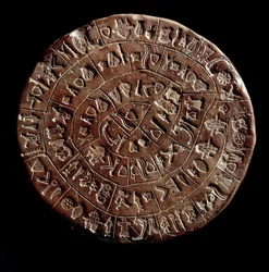 Faistoksen kiekko (Faistoksen kiekko, Phaestoksen kiekko) (minolainen taide - 1700 - 1600 eKr.), hieroglyfien peittämä