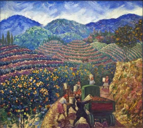 Sadonkorjuu Chakvan valtiontilalla par Beringov, Mitrofan Mikhailovich (1986-1937). Öljy kankaalle, istumakoko: 114x128
