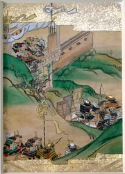 Imperiumin taistelujen jakso Japanissa (1308-1368). Pienoiskuva Tosa-koulusta (1600-luku), kultaisia lehtiä ja osterihelmiä. Yksityinen kokoelma