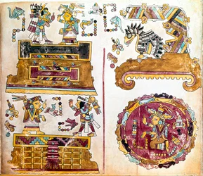 Mixtec-sivilisaatio: Mixtec Codex, jossa on kuvia päivittäisistä toiminnoista - Prekolumbialainen taide, sekoitettu sivilisaatio: scenes de vie quotidienne - Yksityiskohta kopiosta Codex Vindobonensis tai Wienin koodeksista, jonka Hernan Cortes lähetti Cha
