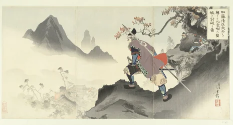 Kato Kiyomasa tuhoaa ja vangitsee Orangain palatsin vierimällä alas kivestä. Kato Kiyomasa oishi korogashite Orankai no kenjo tai uchiyaburu zu. (otsikko esineessä)