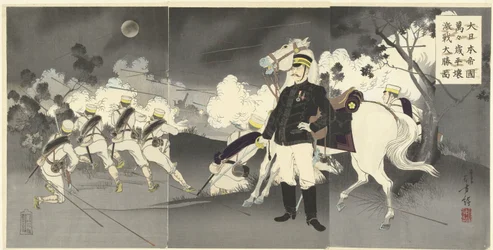 Eläköön suuri keisarillinen Japani! Kuva suuresta voitosta Pjongjangissa. Dai Nihon Teikoku Banbanzai. Heijo suuteli daisho no zua. (otsikko esineessä)