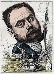 Muotokuva Emile Zolasta (1840-1902), ranskalainen kirjailija Touchatoutin "" Le Trombinoscope -kirjassa", B. Molochin karikatyyri vuodelta 1882 (1849-1909). Yksityinen kokoelma.