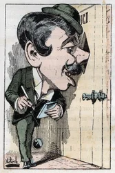 Allegoria "" toimittajasta "" (journalisti) Touchatoutin "" Le Trombinoscope" -sarjassa, B. Molochin sarjakuva vuodelta 1882 (1849-1909). Yksityinen kokoelma.