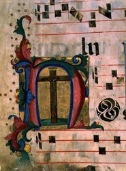 Ms 543 f.121v Historioitu alkukirjain "N" True Crossilla, psalterista, n. 1515 (vellum)