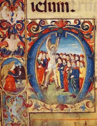 Ms 543 f.5v Historioitu alkukirjain O Pyhän Andreaksen ristiinnaulitsemisen kanssa, psalterista, n. 1515