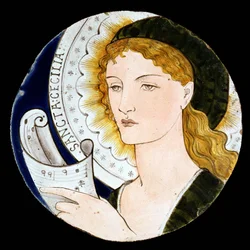 C.2-1922 Morris and Company -laatta, joka kuvaa St. Ceciliaa, suunnitteli Edward Burne-Jones (1833-98), maalasi Kate Faulkner, n. 1865 (maalatut keramiikka)