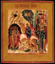 Venäläinen Jerusalemiin pääsyn ikoni, 1800-luvun alku (taulussa kultalehti ja tempera)
