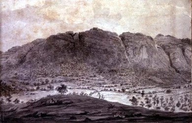 Panoraamanäkymä Derwentwateriin ja Keswickin laaksoon, yksityiskohta vuorista, n. 1772 (lyijykynä ja pesu paperille) (katso 92086-90)