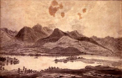 Panoraamanäkymä Derwentwateriin ja Keswickin laaksoon, yksityiskohta Derwent Waterin pohjoispäästä, n. 1772 (lyijykynä ja pesu paperille) (katso 92086 ja 92088-91)