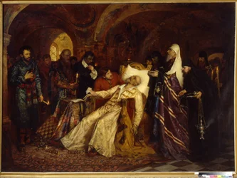 Metropolitan pyhittää Venäjän tsaari Ivan IV:n, joka tunnetaan nimellä Le Terrible (1530-1584) (Metropolitan pyhittää tsaari Ivan Julman suurelle skeemalle). Moisei Lvovich Maimonin (1860-1924) maalaus öljy kankaalle