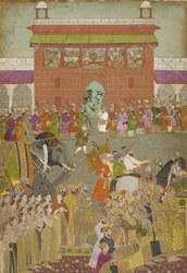 Kulkuekohtaus muusikoiden kanssa, kopio Padshanamasta, Mughal-kaudelta, 1600-luvun puoliväli