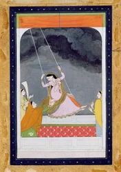Nainen keinussa, Kangra, Punjab Hills n. 1790 (läpinäkymätön wc paperilla)