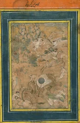 Keisari Akbar kontrolloi norsua metsästyksen aikana, 1600-luvun alku (läpinäkymätön akvarelli, kultainen maali ja muste paperille)