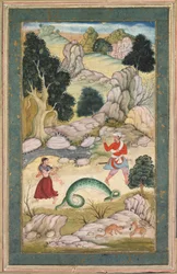 Rakastavaiset eroavat, sivu satukirjasta, n. 1590-95 (peittävä akvarelli kullanvärillä paperille).