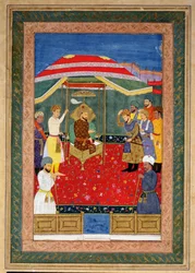 Mughal-keisari Babur (1526-30) istuu valtaistuimella vastaanottamassa prinssiä, Johnson Album I, nro 3 numero 65