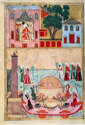 Lasinpuhallinesitys Konstantinopolin kilparadan sivulla, joka on otettu lempinimestä-i Humayun (Sukunimi i Humayun) tai Osmanin kuvittamasta "Juhlakirjasta" (ms. hazine 1344). noin 1582 (Istanbul) Istanbul, Topkapi Seray