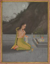 Yöllinen Shiva Puja -kohtaus, n.1760-70 (peittävä akvarelli ja kultaa paperilla).