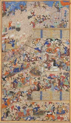 Taistelu iranilaisten ja turanilaisten välillä, Folio Shahnama Kings -kirjasta, 1562-83. Tekijät: Muhammad ibn Taj al-Din Haidar Muzahhib Shirazi, Muhammad al-Qivam al-Shirazi.