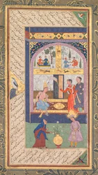 Zulaykha palatsissaan ja vanhana naisena Josephin kanssa, teoksesta Panj Ganj, Viisi aarretta..., 1603-1